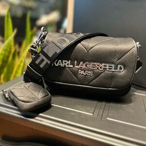 KARL LAGERFELD Silver Name and Black Nylon Crossbody Bag
